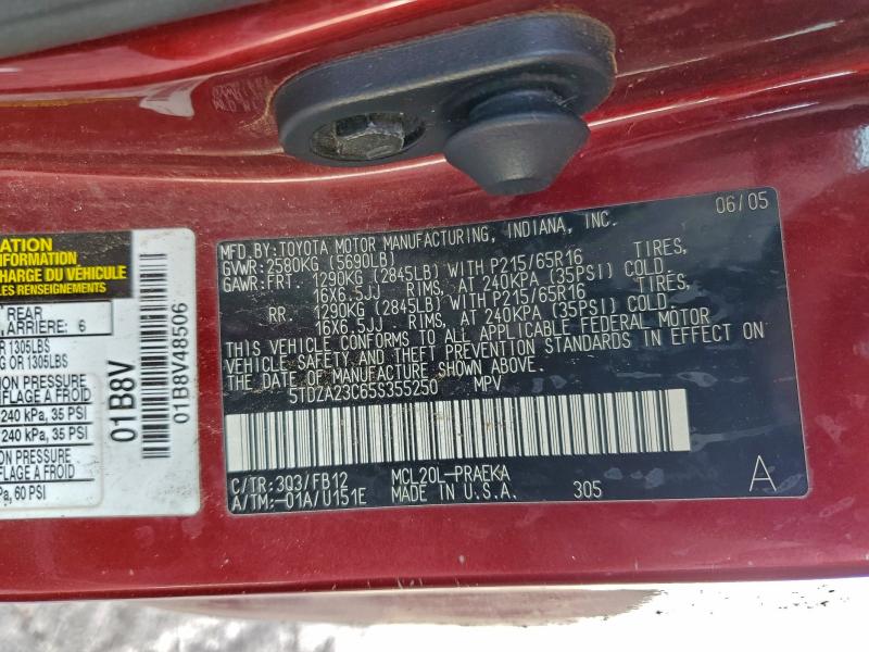 97549125 :رقم المزاد ، 5TDZA23C65S355250 vin ، 2005 Toyota Sienna مزاد بيع