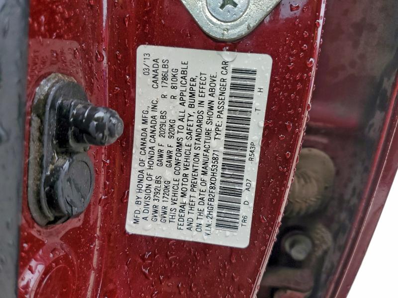 97504515 :رقم المزاد ، 2HGFB2F8XDH535871 vin ، 2013 Honda Civic Ex مزاد بيع