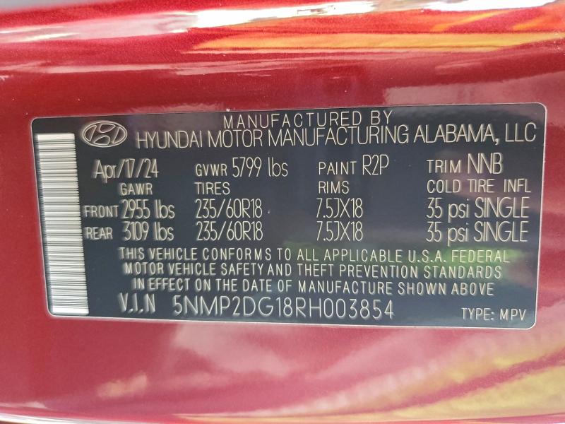 Aukcja sprzedaży 2024 Hyundai Santa Fe, vin: 5NMP2DG18RH003854, numer aukcji: 96912185