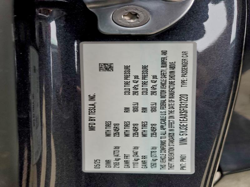 Aukcja sprzedaży 2025 Tesla Model 3, vin: 5YJ3E1EAXSF031220, numer aukcji: 97024995