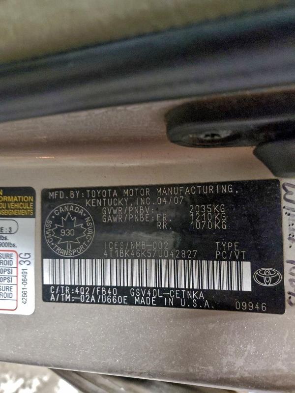 95615205 :رقم المزاد ، 4T1BK46K57U042827 vin ، 2007 Toyota Camry مزاد بيع