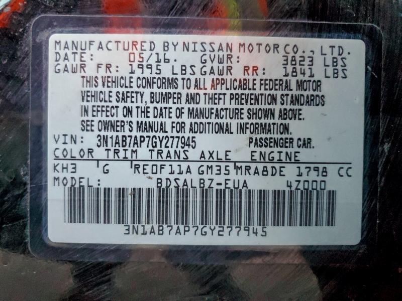 2016 Nissan Sentra მანქანა იყიდება აუქციონზე, vin: 3N1AB7AP7GY277945, აუქციონის ნომერი: 94978175