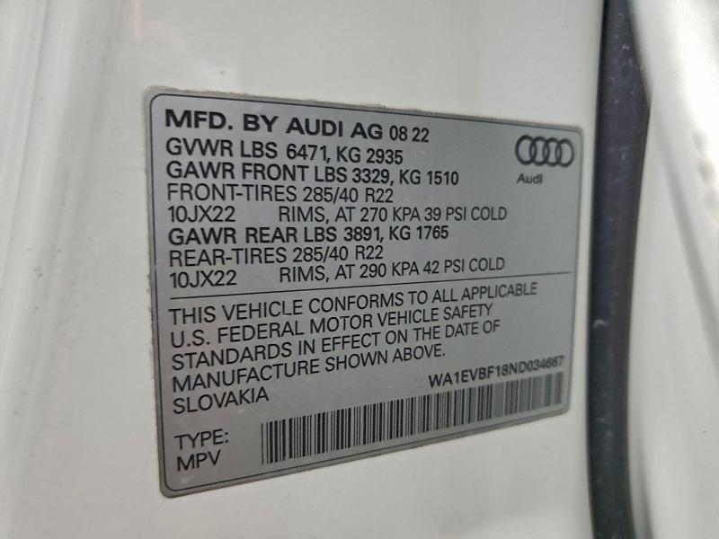 96466155 :رقم المزاد ، WA1EVBF18ND034667 vin ، 2022 Audi Q8 مزاد بيع