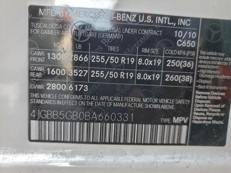 2011 Mercedes-benz Ml 350 მანქანა იყიდება აუქციონზე, vin: 4JGBB5GB0BA660331, აუქციონის ნომერი: 95926365