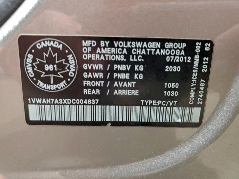 96454065 :رقم المزاد ، 1VWAH7A3XDC004637 vin ، 2012 Volkswagen Passat S مزاد بيع