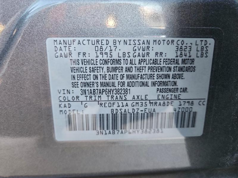 2017 Niss Sentra მანქანა იყიდება აუქციონზე, vin: 3N1AB7AP6HY382381, აუქციონის ნომერი: 98051235