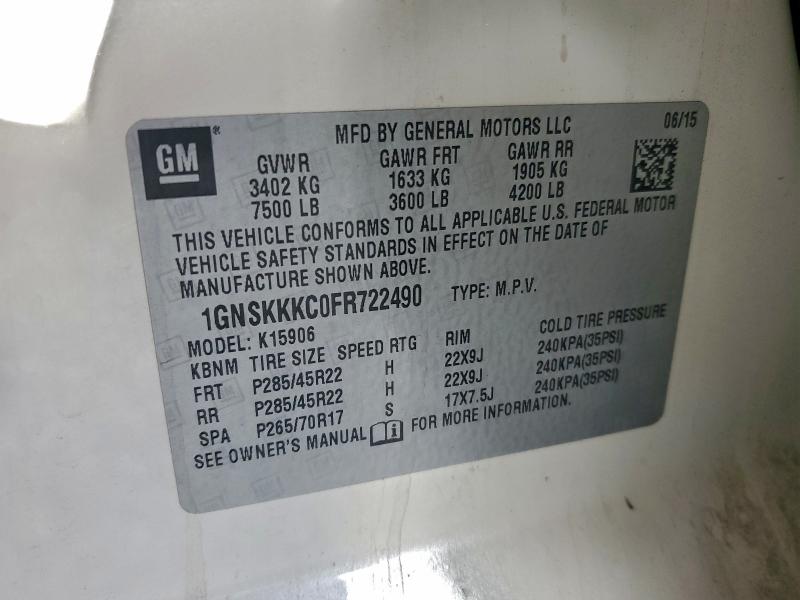97457475 :رقم المزاد ، 1GNSKKKC0FR722490 vin ، 2015 Chevrolet Suburban مزاد بيع