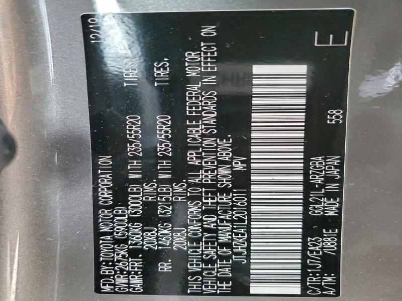 95577825 :رقم المزاد ، JTJHZKEA1L2016011 vin ، 2020 Lexus Rx 350 L مزاد بيع