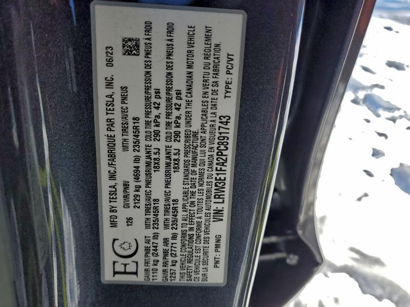 2023 Tesla Model 3 მანქანა იყიდება აუქციონზე, vin: LRW3E1FA2PC891743, აუქციონის ნომერი: 95519885