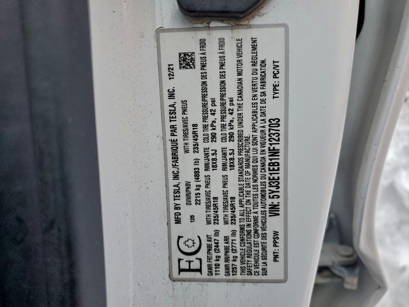 Продажа на аукционе авто 2022 Tesla Model 3, vin: 5YJ3E1EB1NF123703, номер лота: 97084725