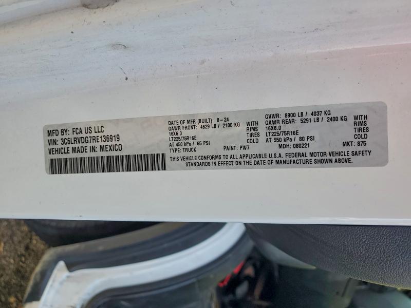 96361685 :رقم المزاد ، 3C6LRVDG7RE136919 vin ، 2024 Ram Promaster مزاد بيع