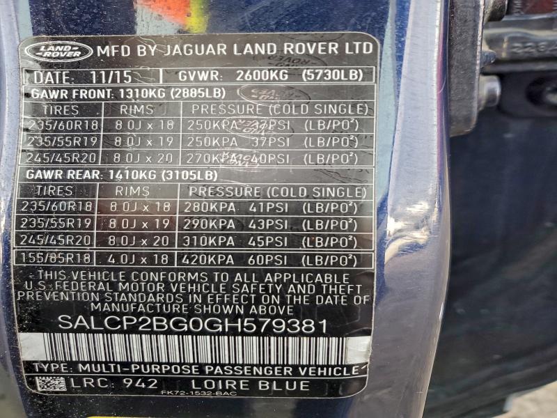 96934355 :رقم المزاد ، SALCP2BG0GH579381 vin ، 2016 Land Rover Discovery مزاد بيع