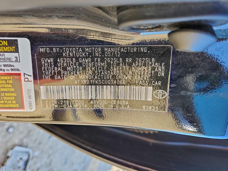Продаж на аукціоні авто 2012 Toyota Camry, vin: 4T1BD1FK5CU034066, номер лоту: 96591095