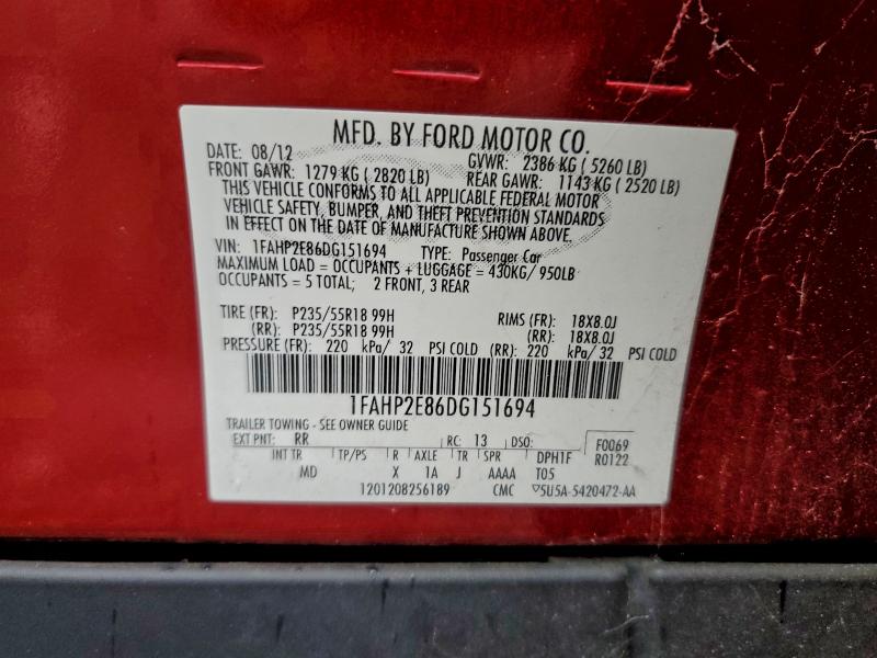 95416335 :رقم المزاد ، 1FAHP2E86DG151694 vin ، 2013 Ford Taurus مزاد بيع