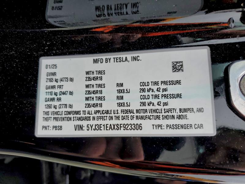 Продажа на аукционе авто 2025 Tesla Model 3, vin: 5YJ3E1EAXSF923306, номер лота: 95436245