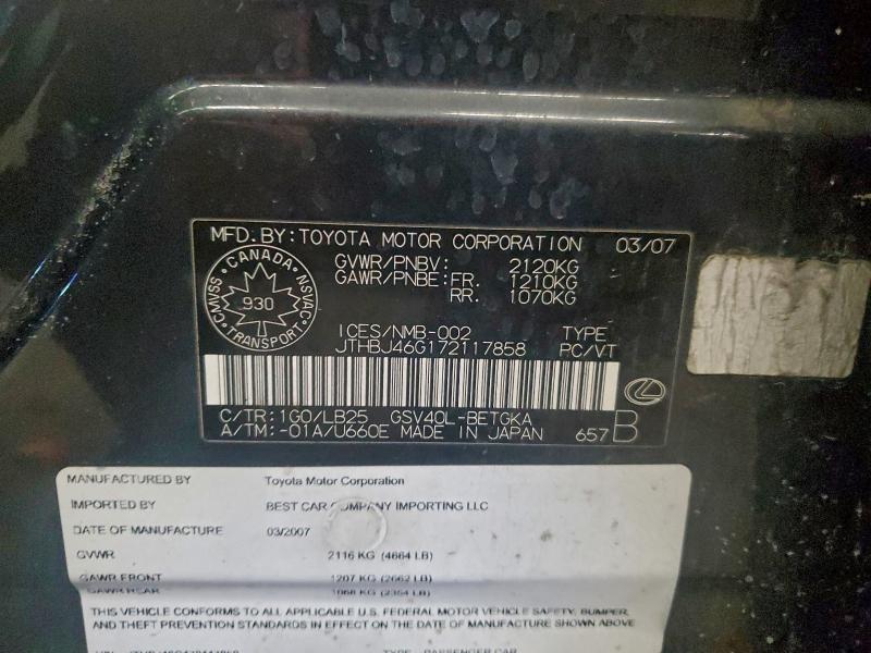 Продажа на аукционе авто 2007 Lexus Es, vin: JTHBJ46G172117858, номер лота: 96563585