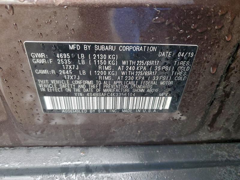 Продажа на аукционе авто 2019 Subaru Outback, vin: 4S4BSAFC4K3356104, номер лота: 97517085