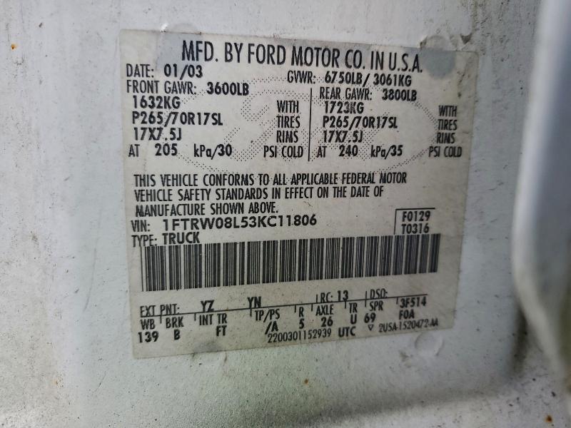 Продажа на аукционе авто 2003 Ford F150, vin: 1FTRW08L53KC11806, номер лота: 96963835
