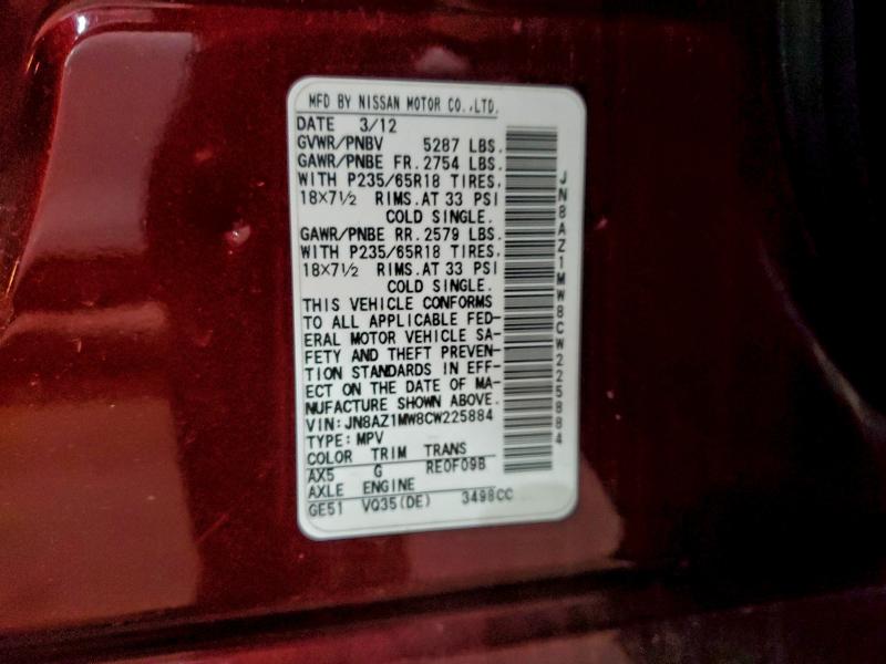 Продажа на аукционе авто 2012 Nissan Murano S, vin: JN8AZ1MW8CW225884, номер лота: 96449995
