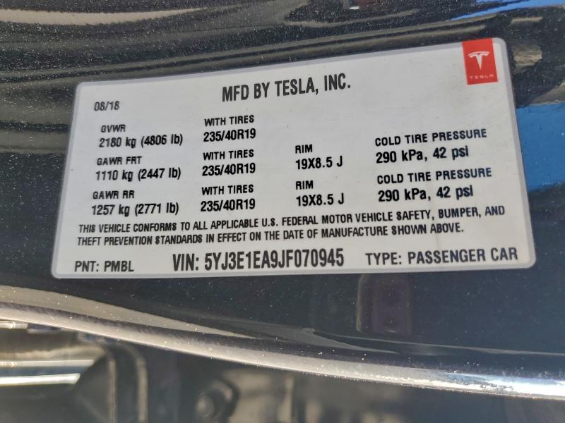 Продаж на аукціоні авто 2018 Tesla Model 3, vin: 5YJ3E1EA9JF070945, номер лоту: 94816935