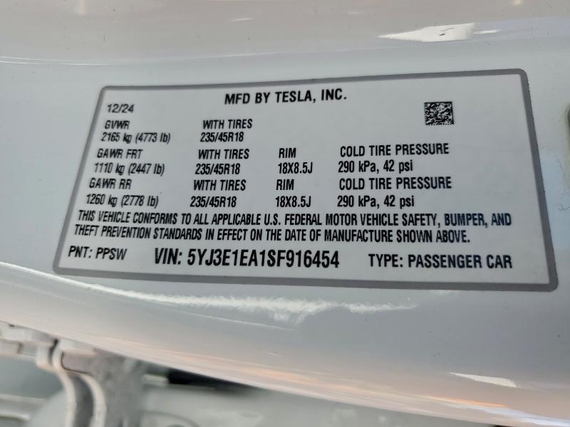 Продажа на аукционе авто 2025 Tesla Model 3, vin: 5YJ3E1EA1SF916454, номер лота: 96115315
