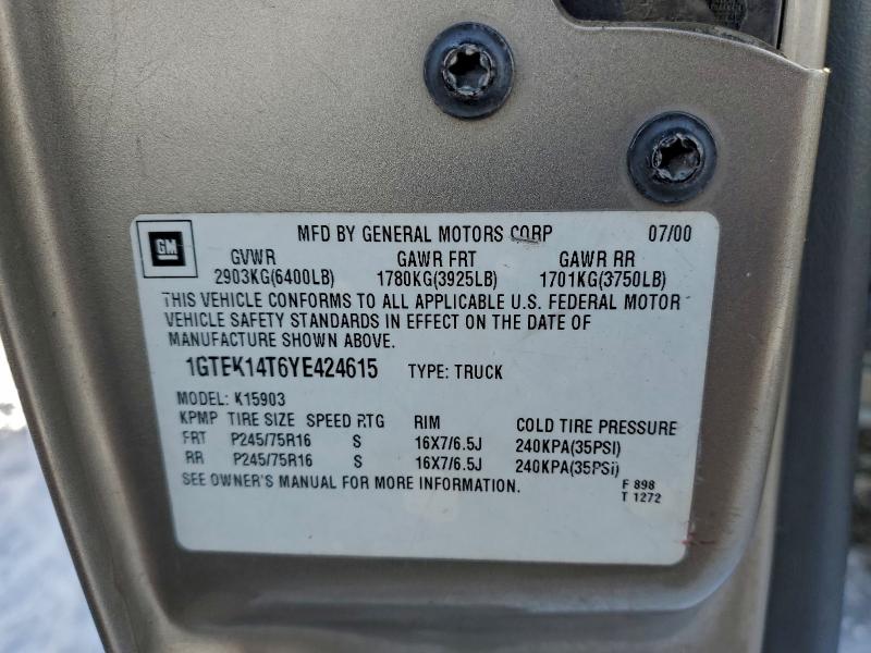 94966785 :رقم المزاد ، 1GTEK14T6YE424615 vin ، 2000 Gmc New Sierra مزاد بيع