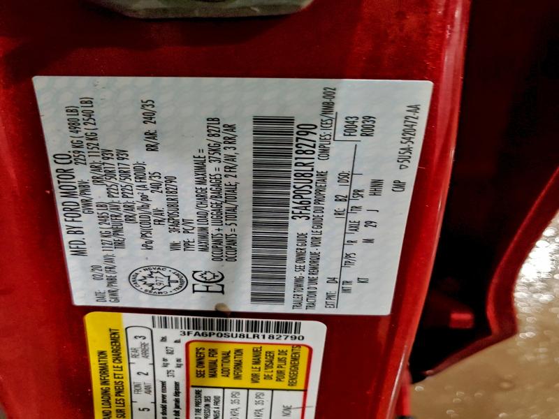2020 Ford Fusion მანქანა იყიდება აუქციონზე, vin: 3FA6P0SU8LR182790, აუქციონის ნომერი: 97955555