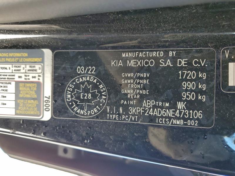 Продажа на аукционе авто 2022 Kia Forte, vin: 3KPF24AD6NE473106, номер лота: 95612225