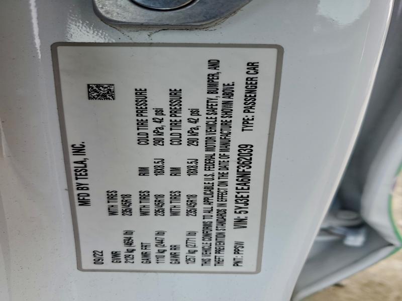 95157985 :رقم المزاد ، 5YJ3E1EA6NF362039 vin ، 2022 Tesla Model 3 مزاد بيع