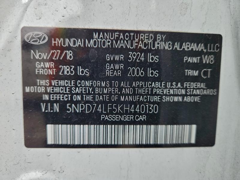 98393265 :رقم المزاد ، 5NPD74LF5KH440130 vin ، 2019 Hyundai Elantra Se مزاد بيع