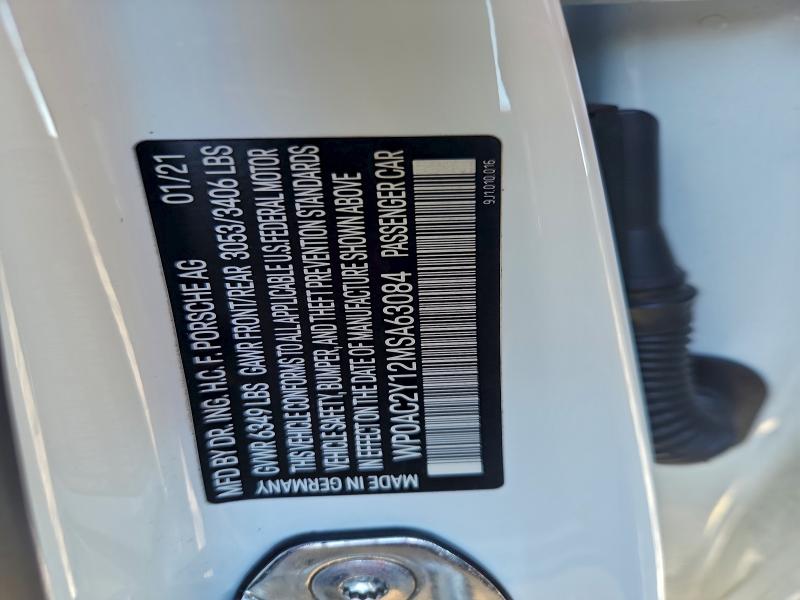 2021 Porsche Taycan მანქანა იყიდება აუქციონზე, vin: WP0AC2Y12MSA63084, აუქციონის ნომერი: 94217265