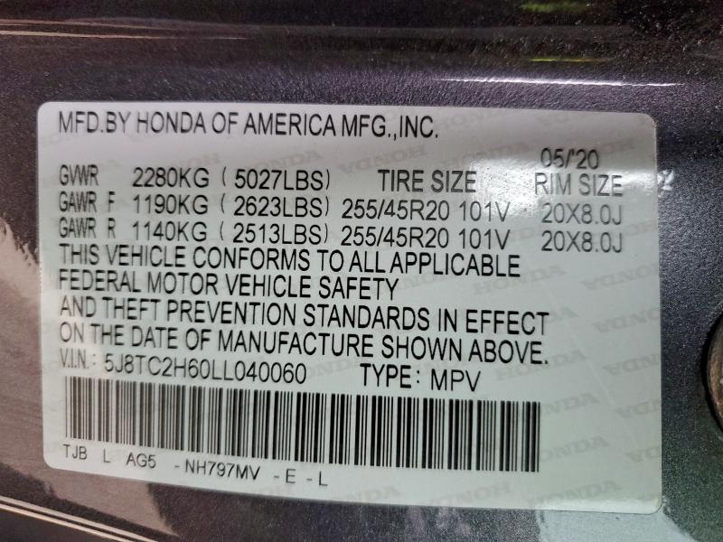 96927325 :رقم المزاد ، 5J8TC2H60LL040060 vin ، 2020 Acura Rdx A-spec مزاد بيع