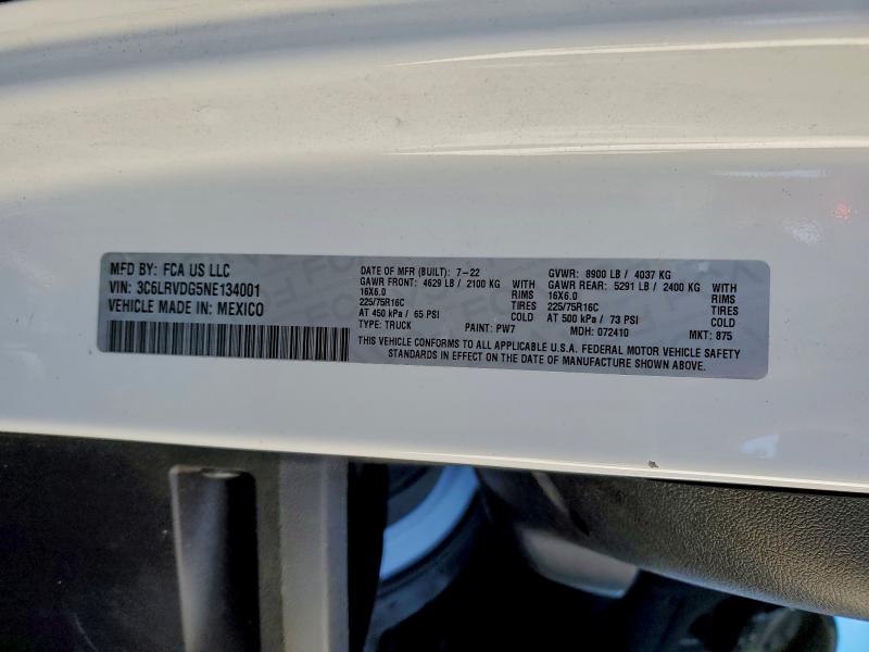 97838175 :رقم المزاد ، 3C6LRVDG5NE134001 vin ، 2022 Ram Promaster 1500 مزاد بيع