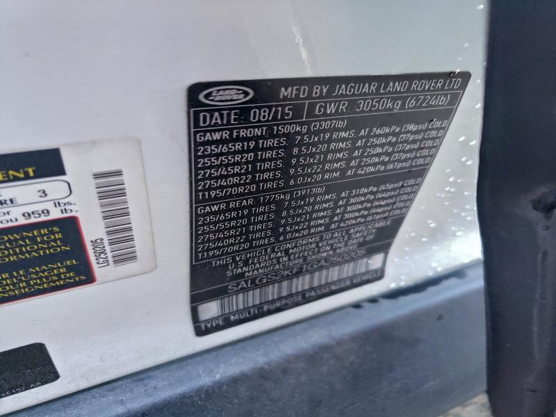 97491915 :رقم المزاد ، SALGS2KF1GA250205 vin ، 2016 Land Rover Range Rove مزاد بيع