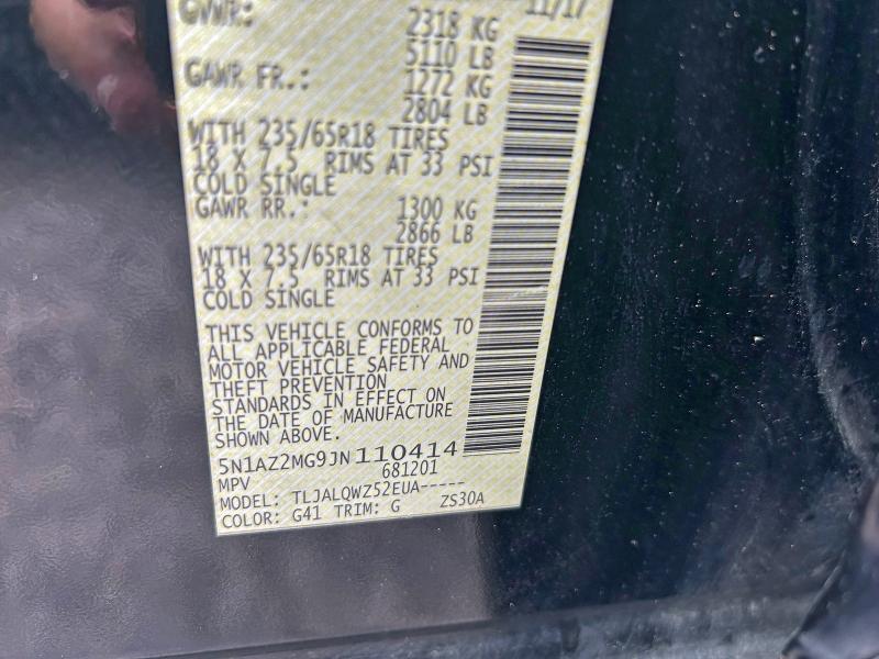 2018 Nissan Murano S მანქანა იყიდება აუქციონზე, vin: 5N1AZ2MG9JN110414, აუქციონის ნომერი: 98014545