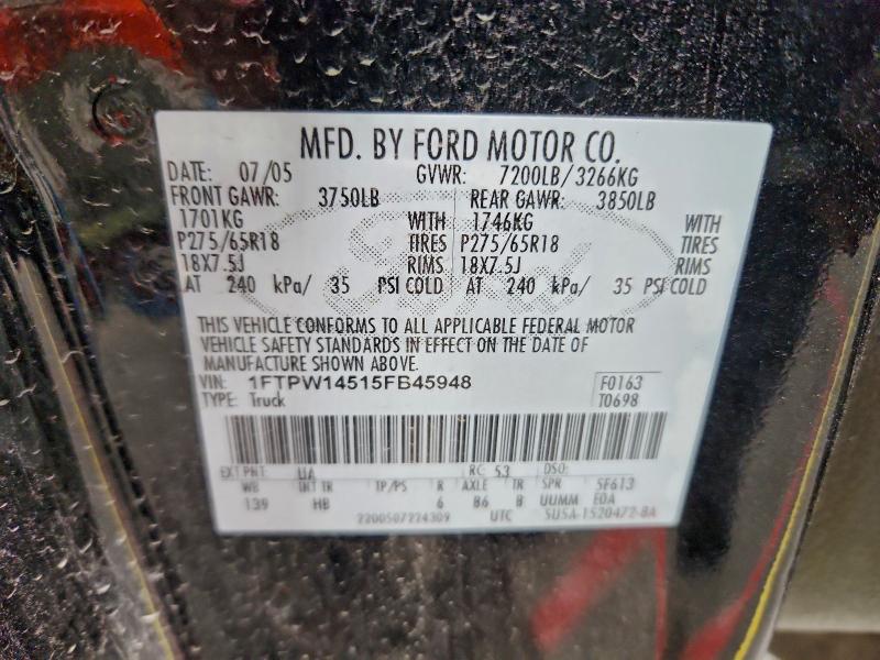 2005 Ford F150 მანქანა იყიდება აუქციონზე, vin: 1FTPW14515FB45948, აუქციონის ნომერი: 94990885