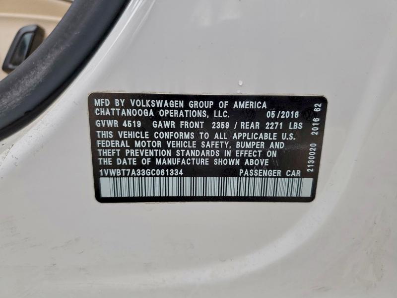 96569655 :رقم المزاد ، 1VWBT7A33GC061334 vin ، 2016 Volkswagen Passat Se مزاد بيع