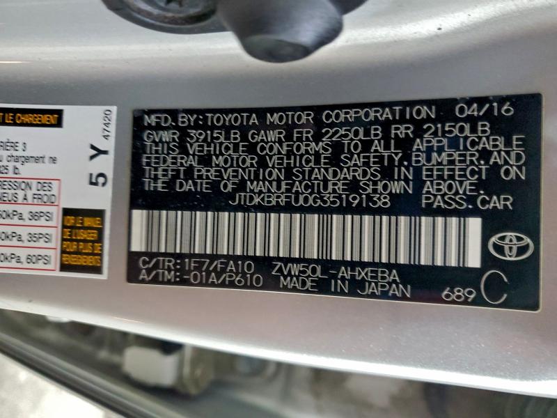 2016 Toyota Prius მანქანა იყიდება აუქციონზე, vin: JTDKBRFU0G3519138, აუქციონის ნომერი: 95759995