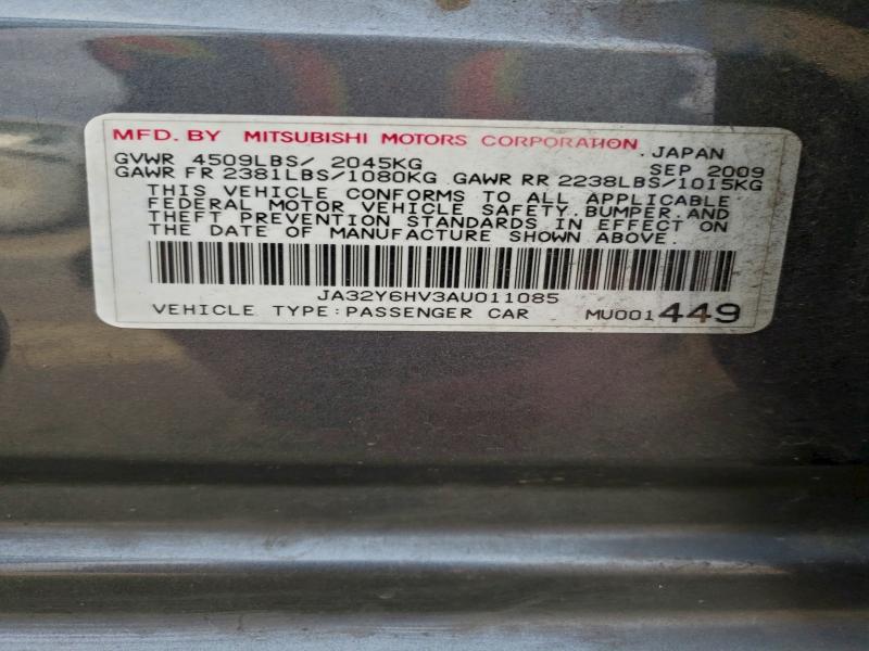 Aukcja sprzedaży 2010 Mitsubishi Lancer, vin: JA32Y6HV3AU011085, numer aukcji: 95106785