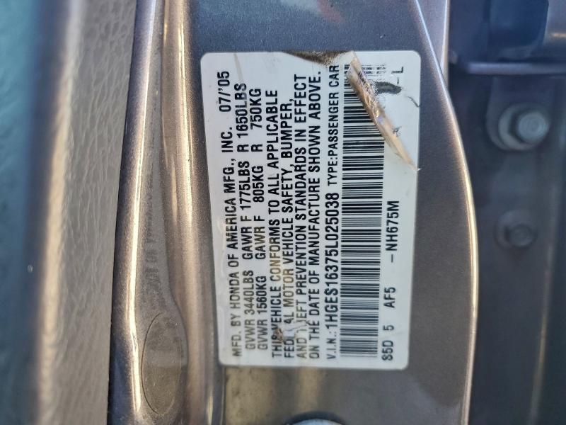 Продаж на аукціоні авто 2005 Honda Civic, vin: 1HGES16375L025038, номер лоту: 98196945