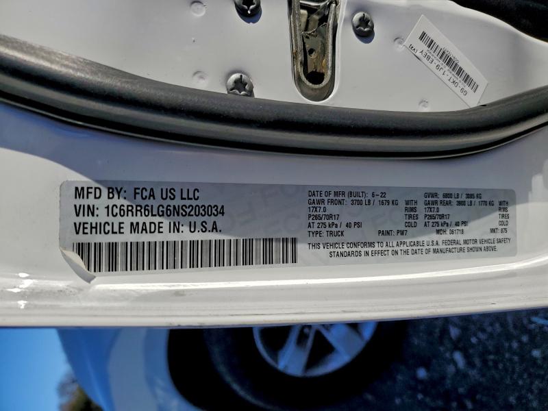 2022 Ram 1500 Classic მანქანა იყიდება აუქციონზე, vin: 1C6RR6LG6NS203034, აუქციონის ნომერი: 97799225