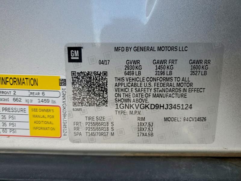 Aukcja sprzedaży 2017 Chevrolet Traverse, vin: 1GNKVGKD9HJ345124, numer aukcji: 94393295