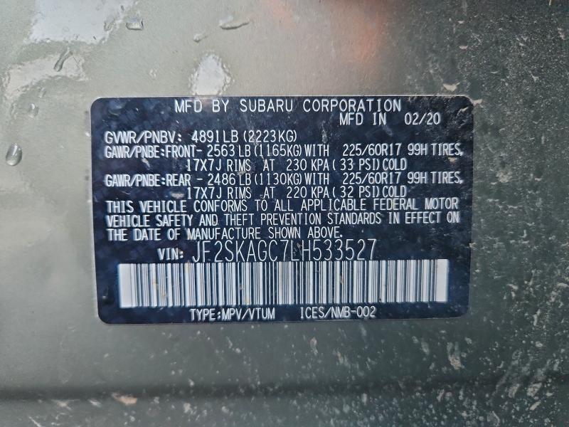 94318555 :رقم المزاد ، JF2SKAGC7LH533527 vin ، 2020 Subaru Forester مزاد بيع