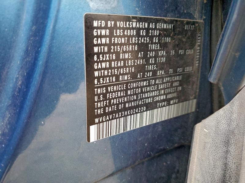 2017 Volkswagen Tiguan მანქანა იყიდება აუქციონზე, vin: WVGAV7AX3HK024220, აუქციონის ნომერი: 98017495