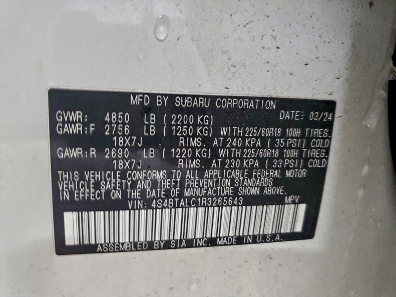 2024 Subaru Outback მანქანა იყიდება აუქციონზე, vin: 4S4BTALC1R3265643, აუქციონის ნომერი: 96761955