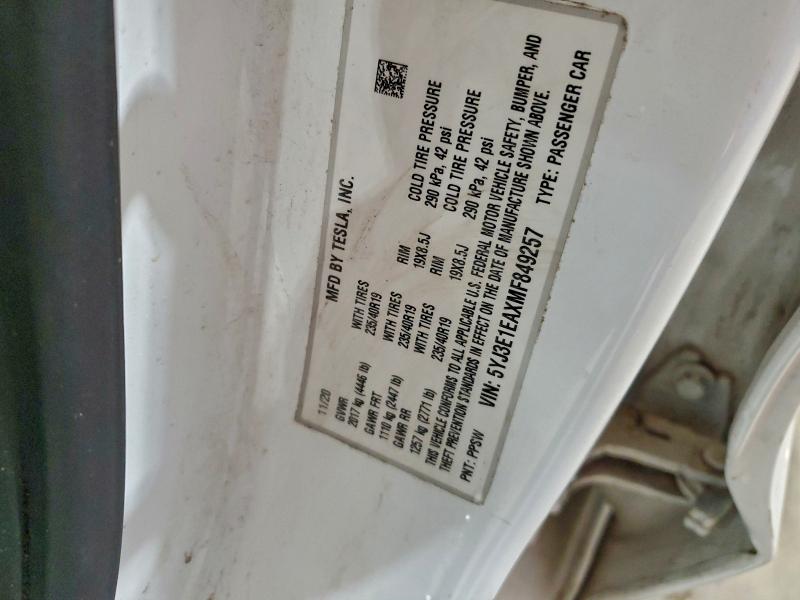 95884615 :رقم المزاد ، 5YJ3E1EAXMF849257 vin ، 2021 Tesla Model 3 مزاد بيع