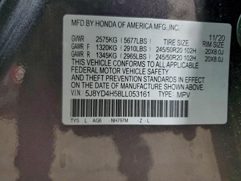 96225985 :رقم المزاد ، 5J8YD4H58LL053161 vin ، 2020 Acura Mdx مزاد بيع