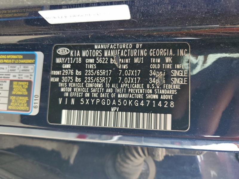 72635945 :رقم المزاد ، 5XYPGDA50KG471428 vin ، 2019 Kia Sorento Lx مزاد بيع