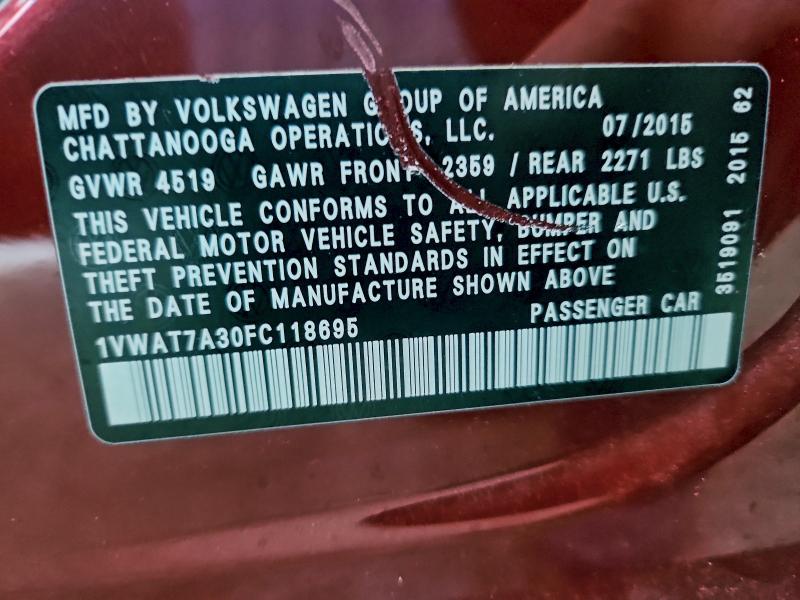 94170655 :رقم المزاد ، 1VWAT7A30FC118695 vin ، 2015 Volkswagen Passat مزاد بيع