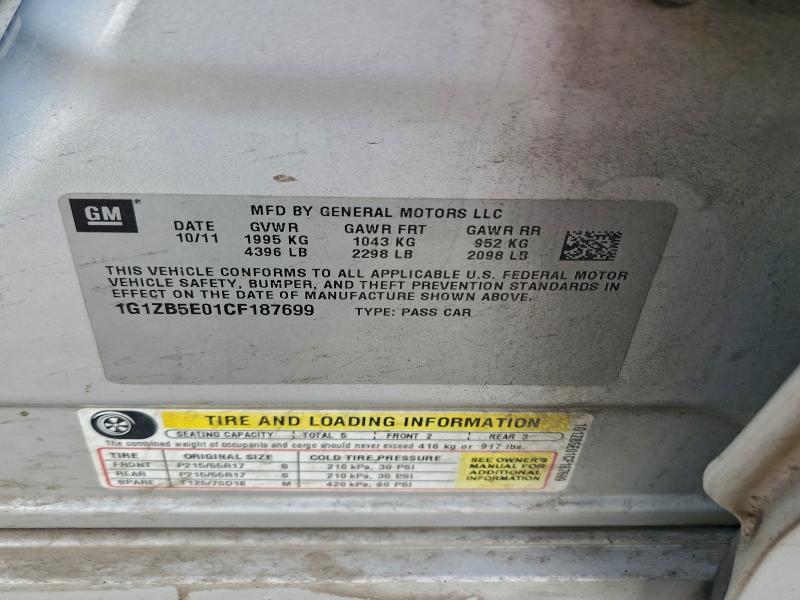 2012 Chevrolet Malibu მანქანა იყიდება აუქციონზე, vin: 1G1ZB5E01CF187699, აუქციონის ნომერი: 97402355